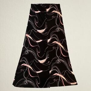 Black groovy swirl line maxi skirt with buttons, Y2K bohemian romantic abstract